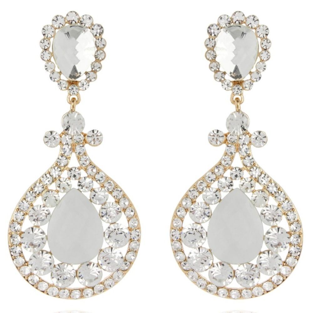 Yellow Gold with White Diamond Austrian Crystal Chandelier Clip On Earrings
